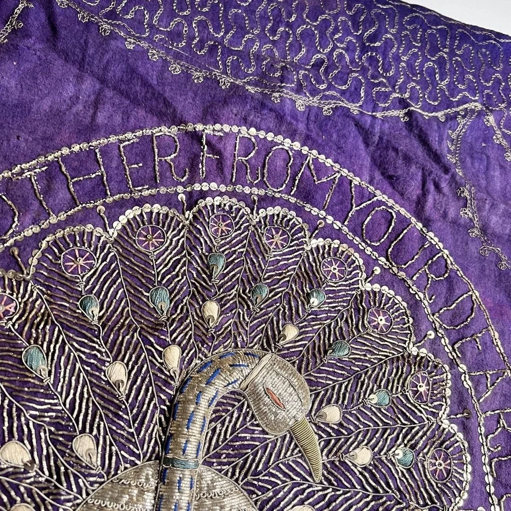 Vtg 1945 Indian Zari Embroidery Peacock Purple Velvet Panel WWII Era Gift 36x35